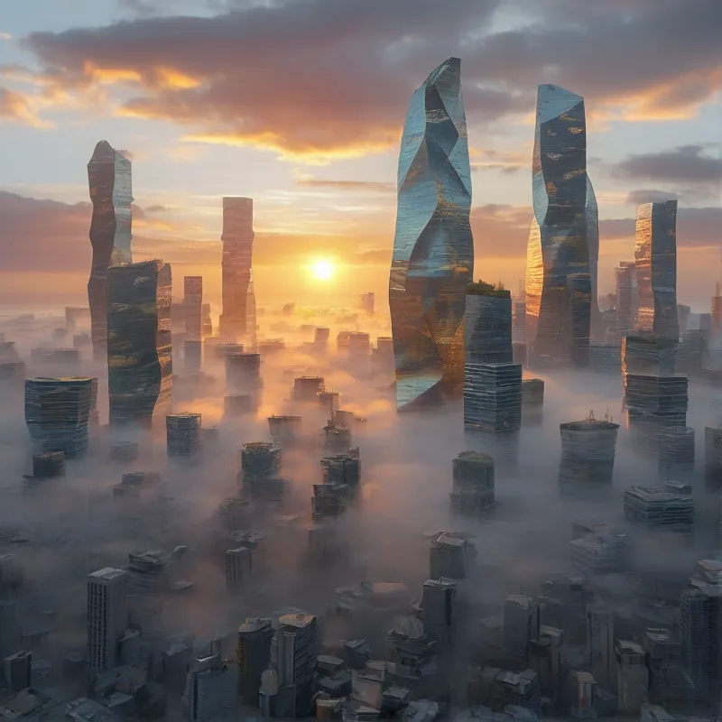 Futuristic twisted towers stand tall out of thick fog with the sun rising behind them casting warm golden light.