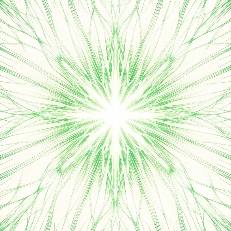 Fine green lines burst outward from a glowing white center across a soft cream field like woven fibers.