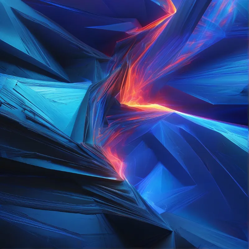 Deep blue crystalline rock fragments split open to reveal a bright glowing fiery red seam running through the dark jagged mass.