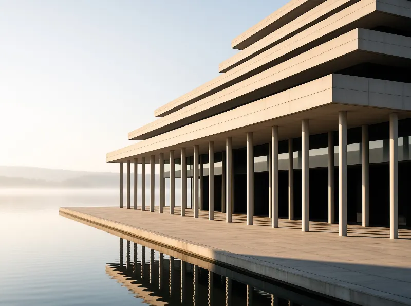 Columns line a calm waterfront, casting long shadows on pavement while water reflects tiered structure against a misty sky.