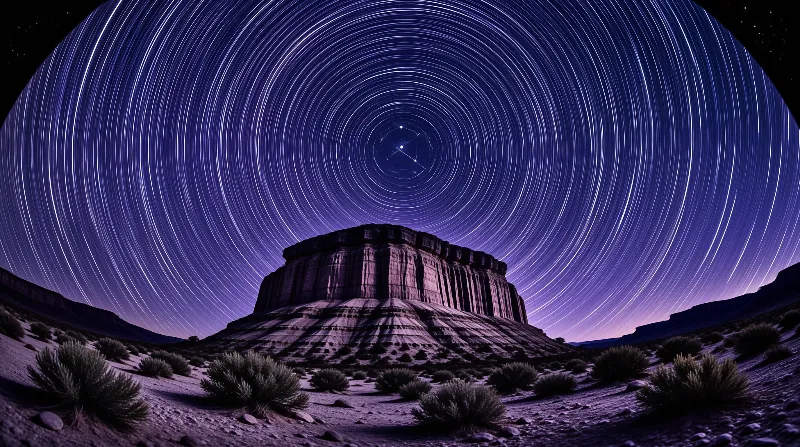 A rock formation rises from desert terrain while stars trace circular paths against a deep purple sky.