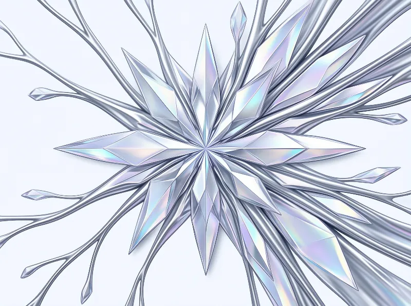 Faceted iridescent silver star radiates sharp tendrils against plain white background, showing soft pastel rainbow sheen.