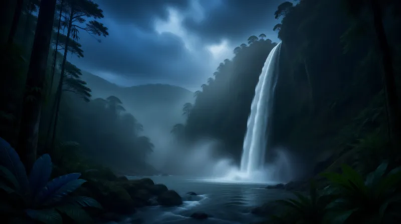 Misty Waterfall Night