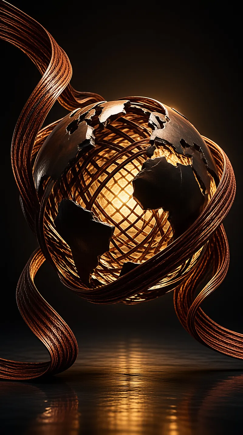 A glowing globe with dark continents is wrapped in flowing twisted ribbons against a dark background.