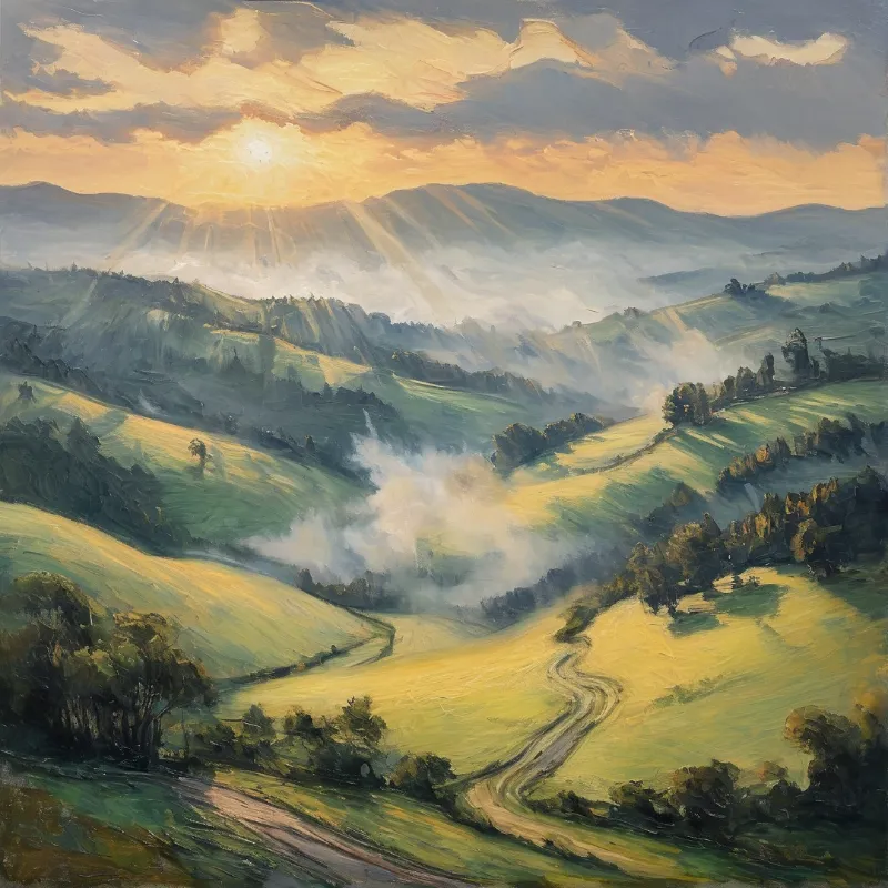An oil painted hill country catches early light as mist gathers in the folds and a dirt road winds downhill.