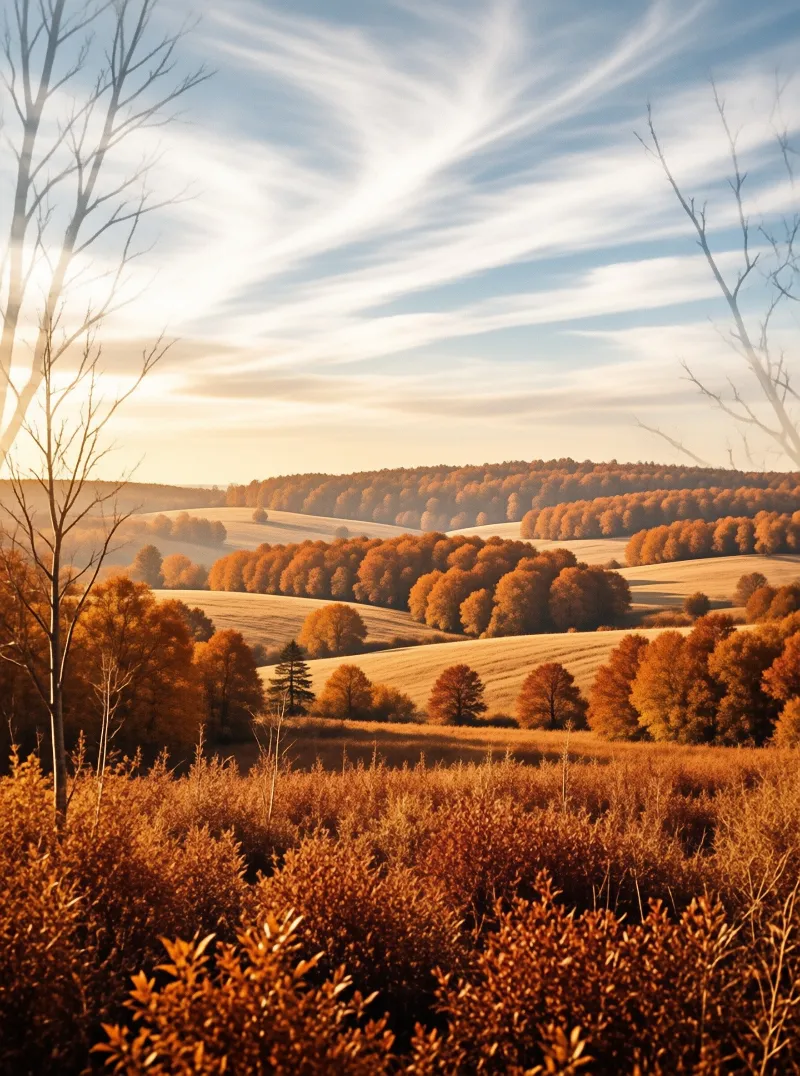 Rows of copper canopies trace the ridges of golden farmland beneath a pale sky brushed with cirrus clouds