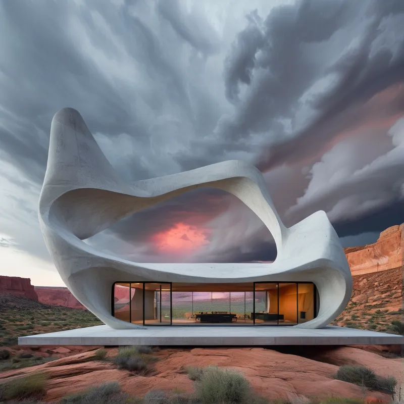 Sculptural building with flowing white forms sits on red desert terrain beneath a turbulent sky glowing with sunset hues.