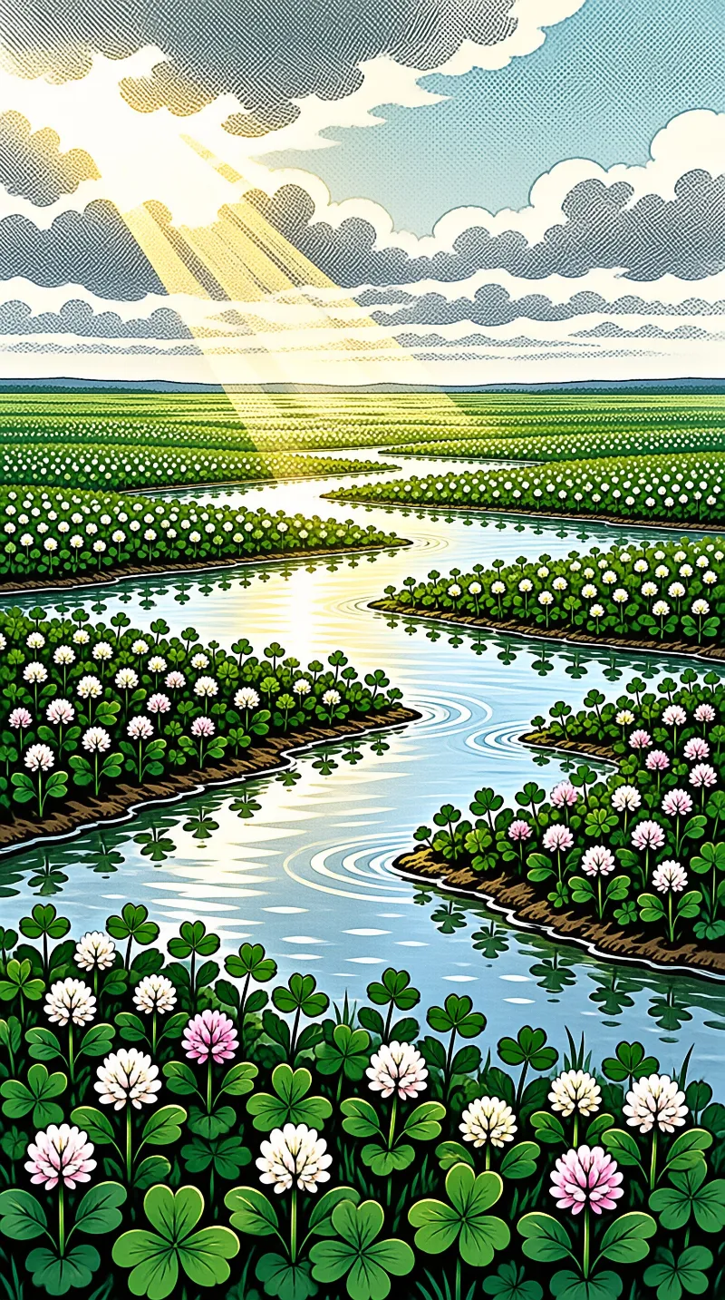 A bright stream snakes past banks of green clover and white blossoms under sunbeams breaking through clouds.