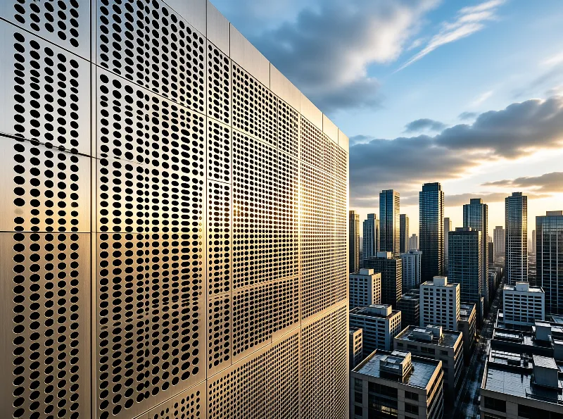 A perforated building facade stands in the foreground while skyscrapers rise in the distance under a cloudy sunset sky.