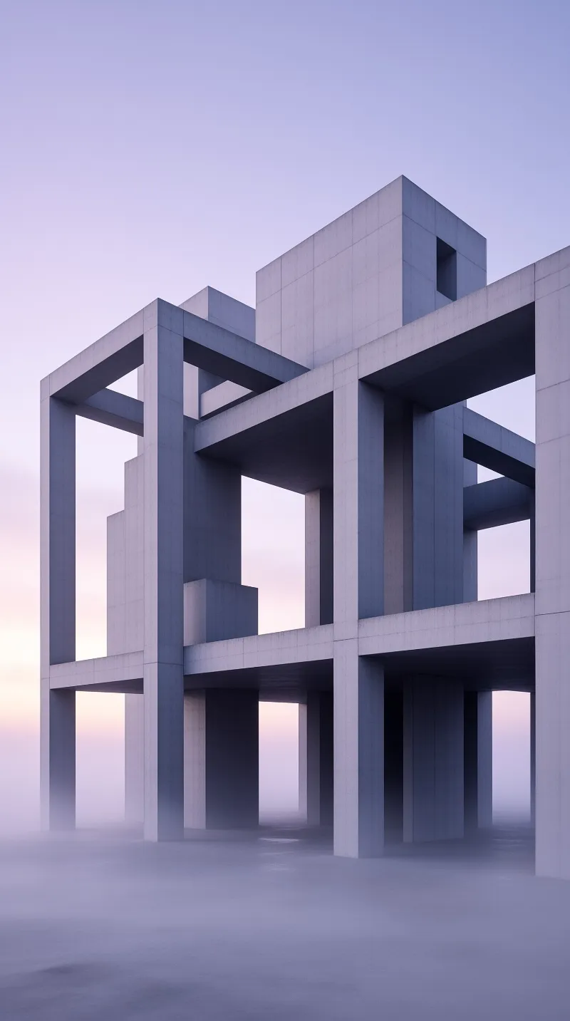 Massive pale grey geometric concrete structures stand in soft morning mist under a pastel lavender and pale pink sunrise sky.