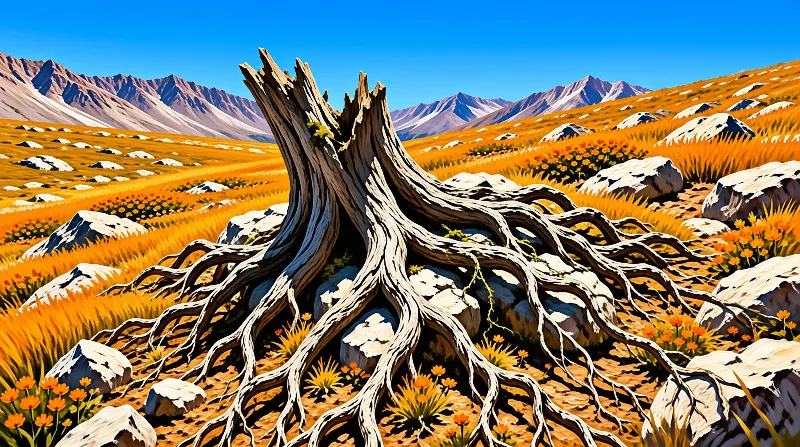 Painted roots fan out over sun-baked ground dotted with boulders and orange blooms beneath jagged peaks.