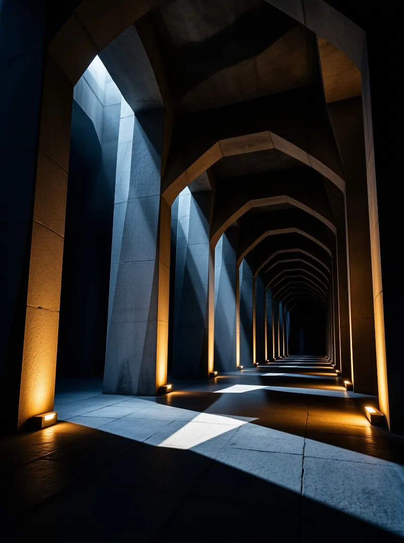 A long colonnade of faceted stone arches recedes into darkness, lit by warm floor lamps and cool shafts of daylight
