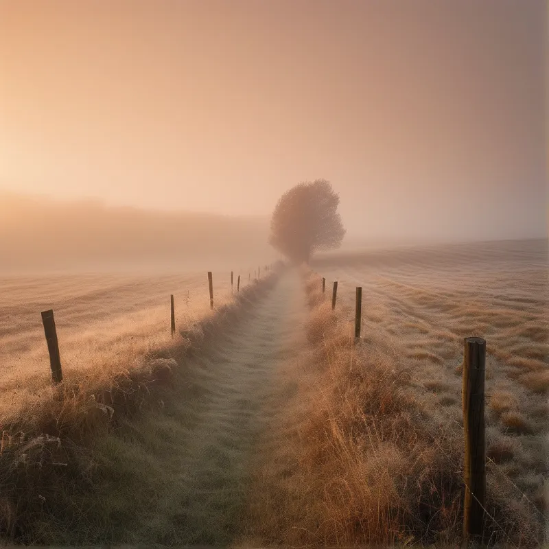 A misty rural landscape showing a frosted grass path lined with wooden fence posts leading toward a single tree under warm golden sunrise light.