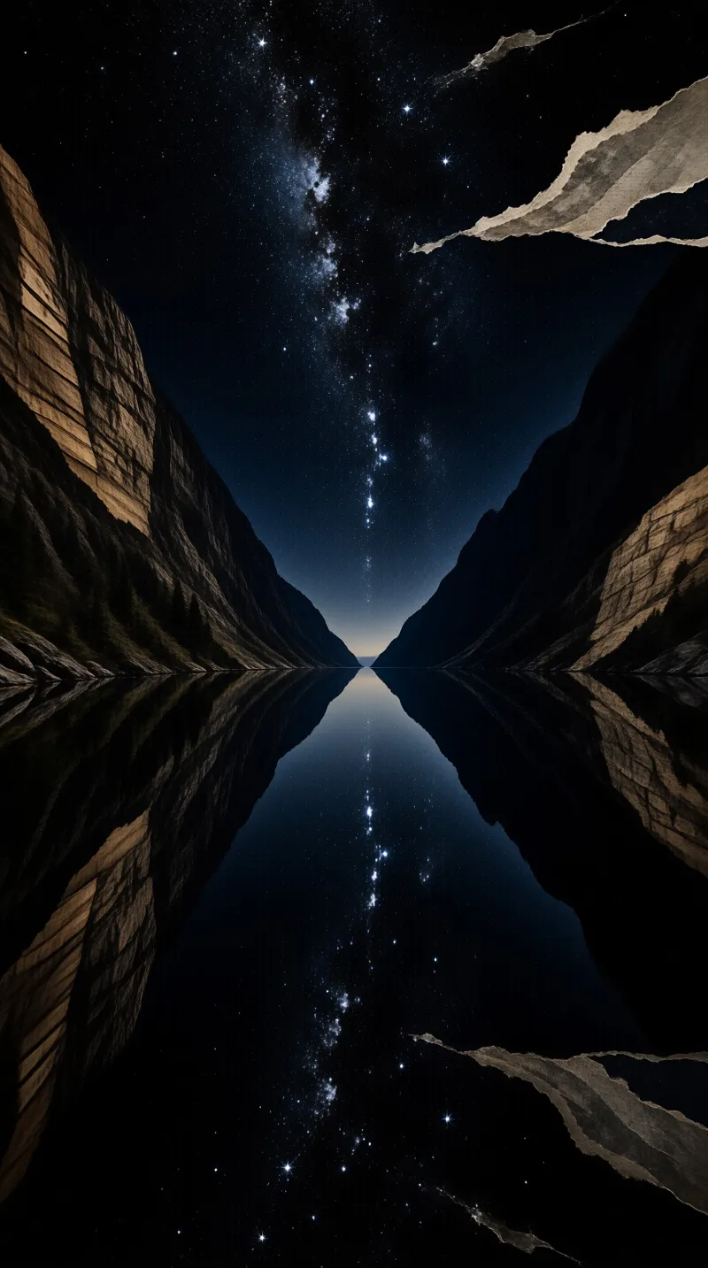 Steep rock faces rise on either side of a glassy night lake, doubling the Milky Way band in the water below.