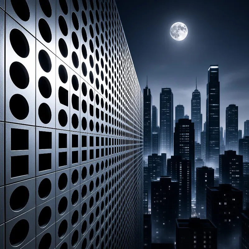 Vertical facade of punched metal panels framed against a glittering skyline and a bright full moon overhead.
