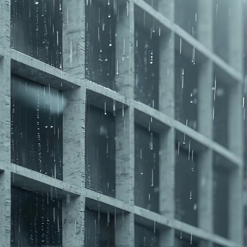 Raindrops streak down a concrete grid facade of dark recessed windows in cool tones.