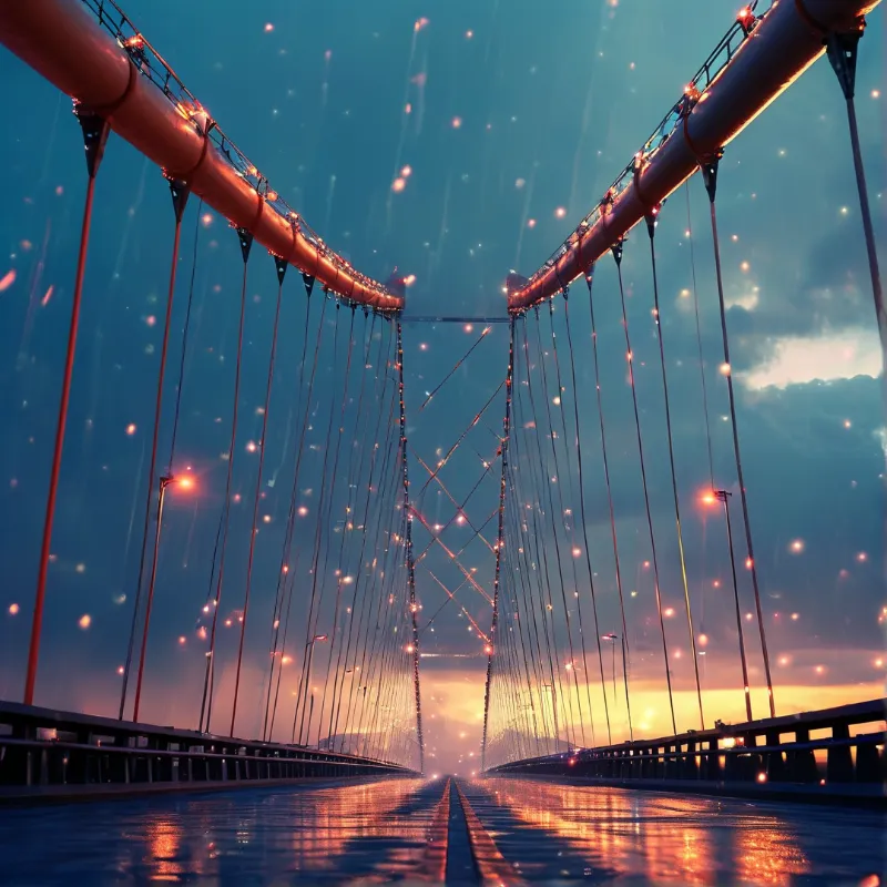 A symmetrical suspension bridge has glowing orange cables, with drifting light specks in the blue dusk sky and wet road reflecting the warm light.