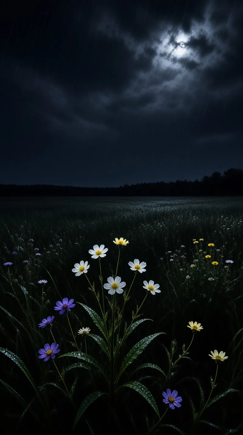 White and purple wildflowers stand in a dark field while rain falls under a moonlit sky with clouds
