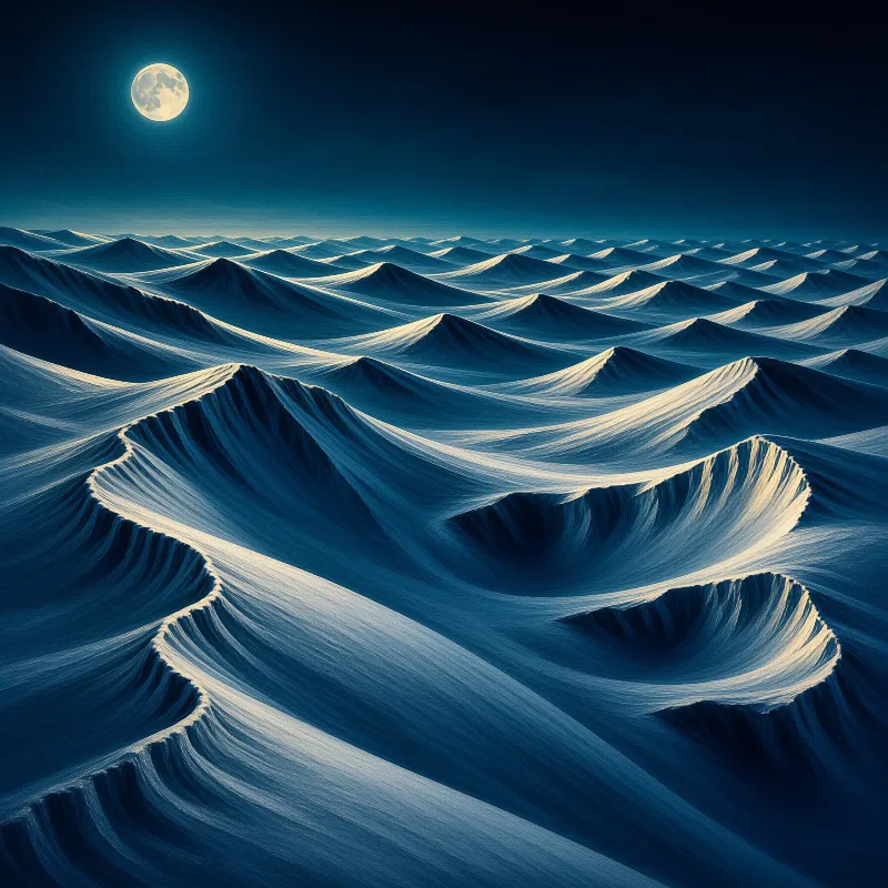 Endless blue dunes shaped like water waves reflect the light of a full moon hanging in the night sky.