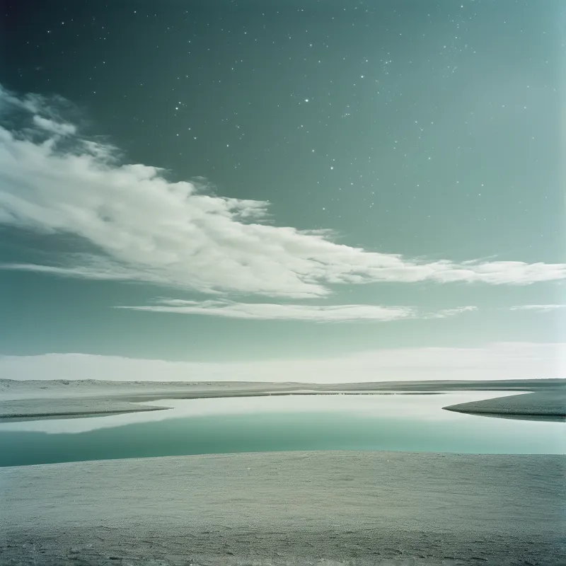 A calm salt flat mirrors the teal tinted sky filled with stars and drifting clouds.