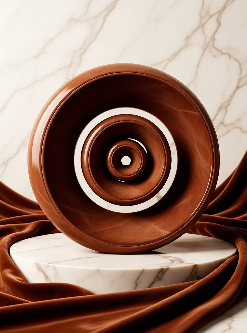 A brown spiral sculpture rests on a white marble pedestal surrounded by draped brown fabric.