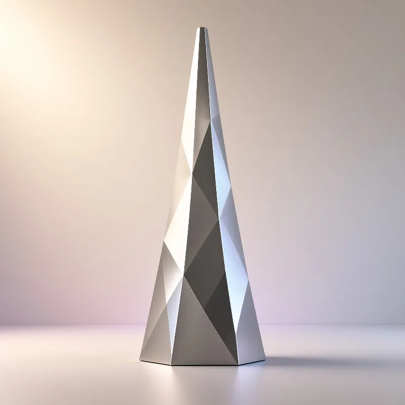 A tall metallic spire with geometric facets stands on a white surface against a gradient background.