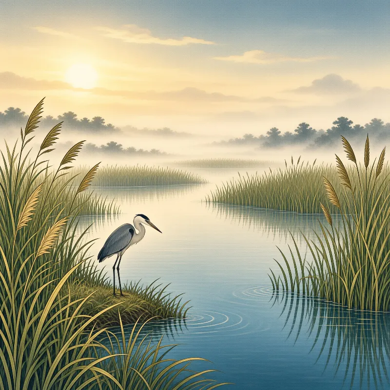 A gray heron stands on a grassy patch in a misty lake surrounded by tall reeds under a soft sunrise glow