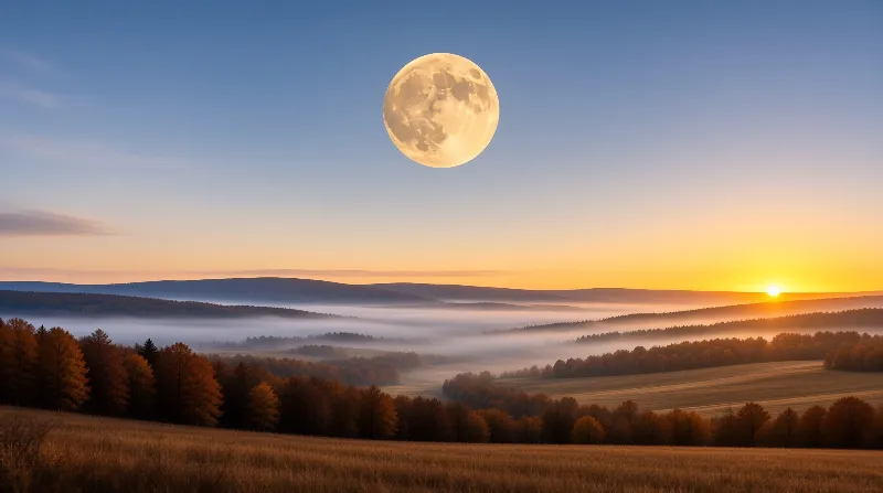 A large moon floats above foggy valleys while sunset colors illuminate orange autumn trees and rolling hills in the distance.