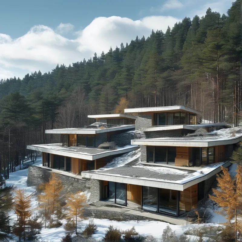 Modern split level stone and wood home perched on a snow covered hillside backed by dense evergreen forest under bright daytime skies.