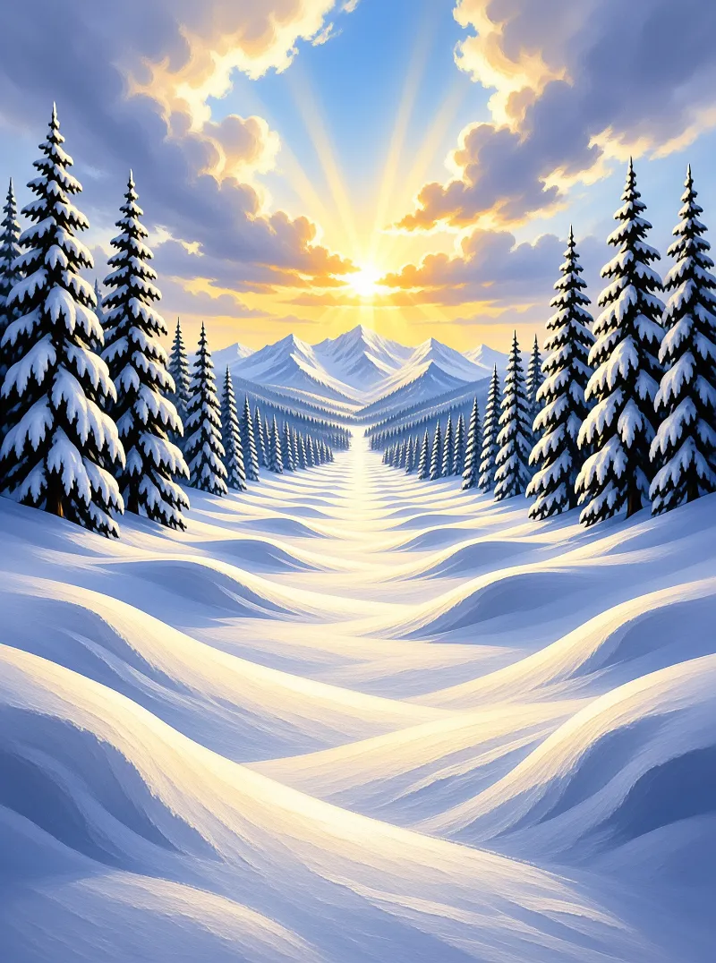 Painted fir trees frame a winding snow covered basin beneath radiant peaks and a bright morning sky.