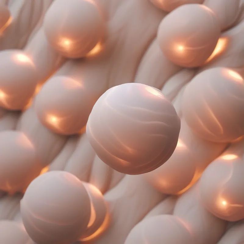 Soft pink spheres lie on a fibrous texture, with a central orb hovering above the rest in warm light.