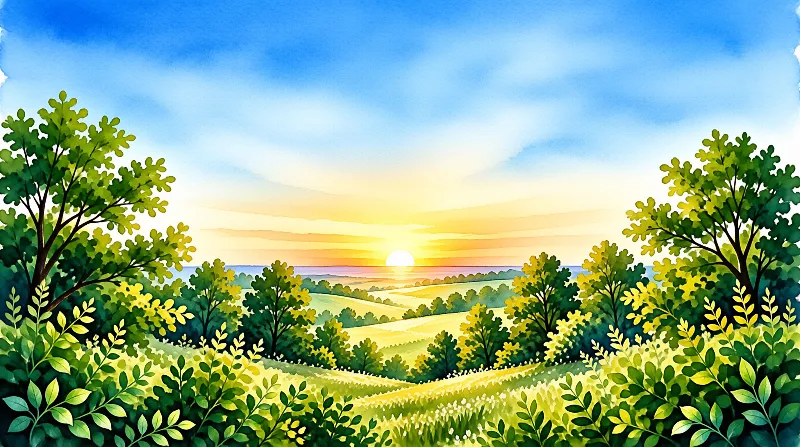 A watercolor illustration of rolling green hills surrounded by trees with a bright sun low on the horizon under a blue sky.