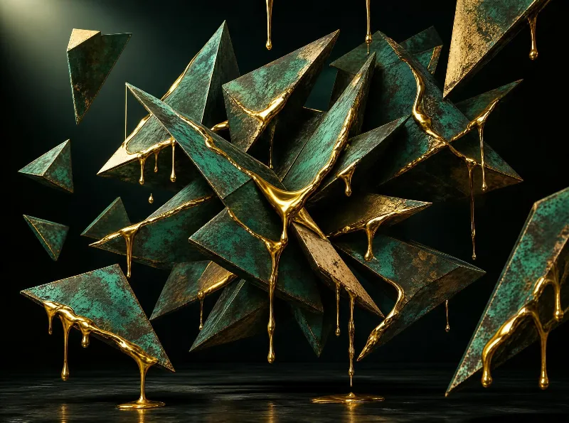 A cluster of irregular geometric shapes in greenish-brown tones with flowing golden liquid drips against a dark background