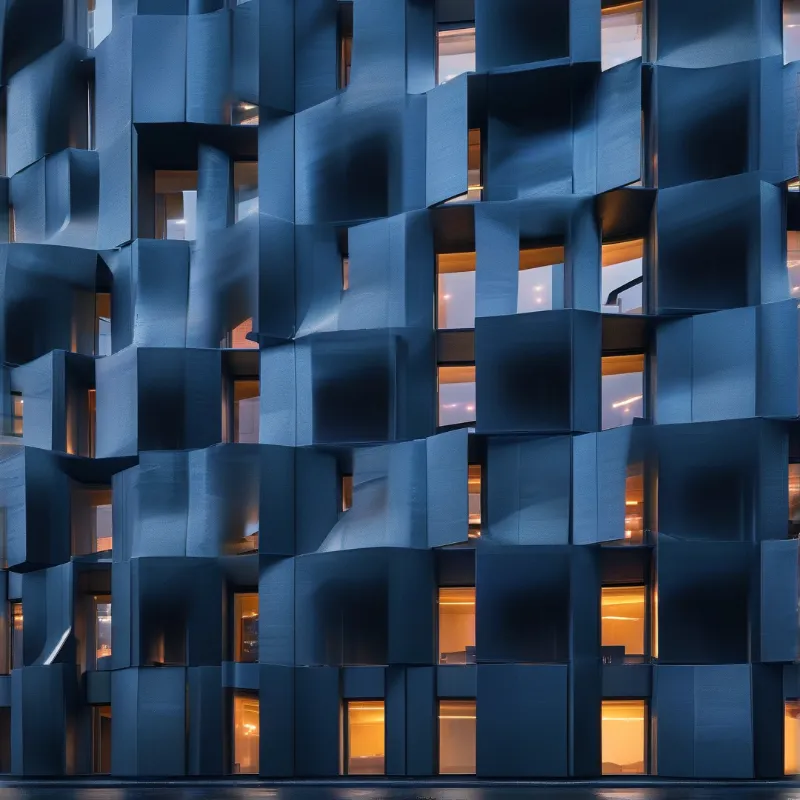 A sculptural angular blue building exterior shows recessed windows glowing with soft amber light against the deep cool dusk tone of the facade.