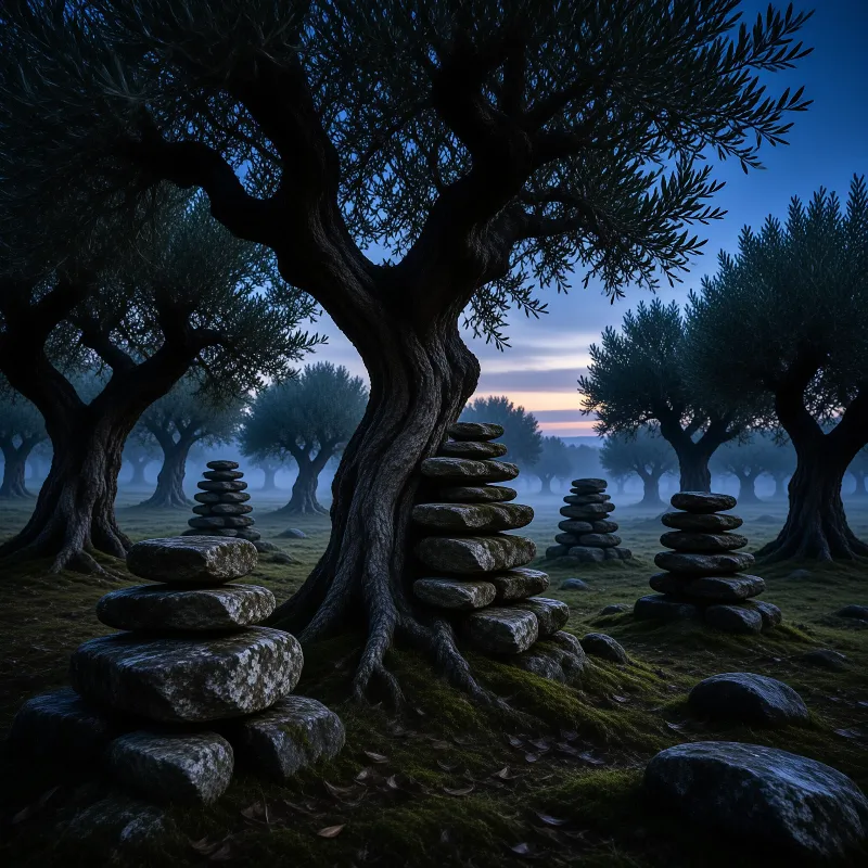 Flat stones stacked near twisted olive trees in a foggy field during the blue hour with soft horizon light.