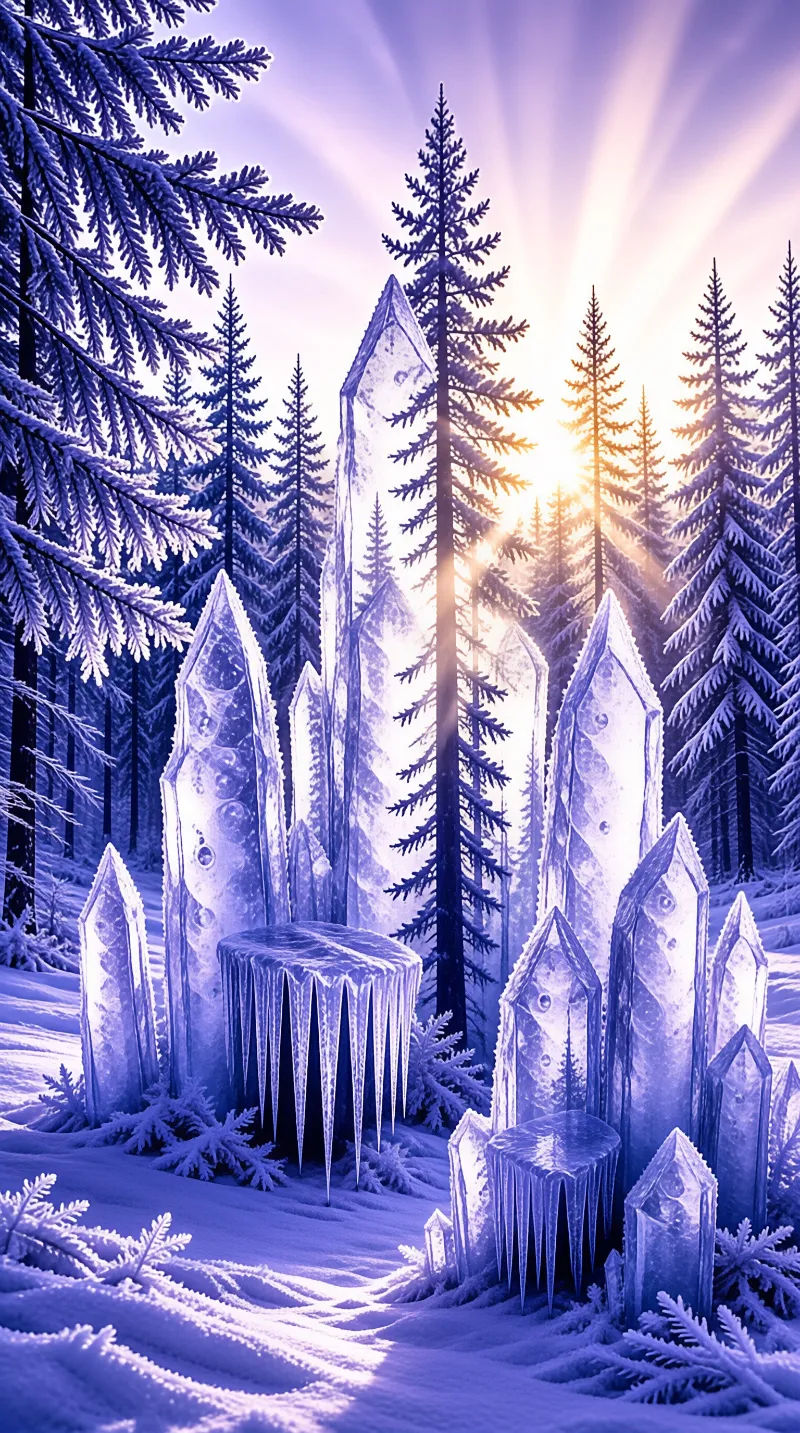 Tall translucent ice shards sprout from snow beneath frosted evergreens lit by pale winter sunbeams