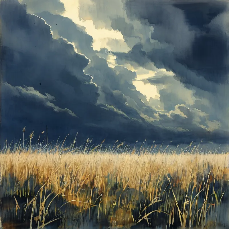 Tall golden grasses stand before a vast sky filled with heavy dark clouds and bright breaking light.