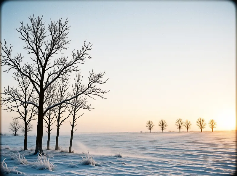 Bare winter trees stand on the left of a snowy field while smaller trees recede toward a golden glow on the right horizon.