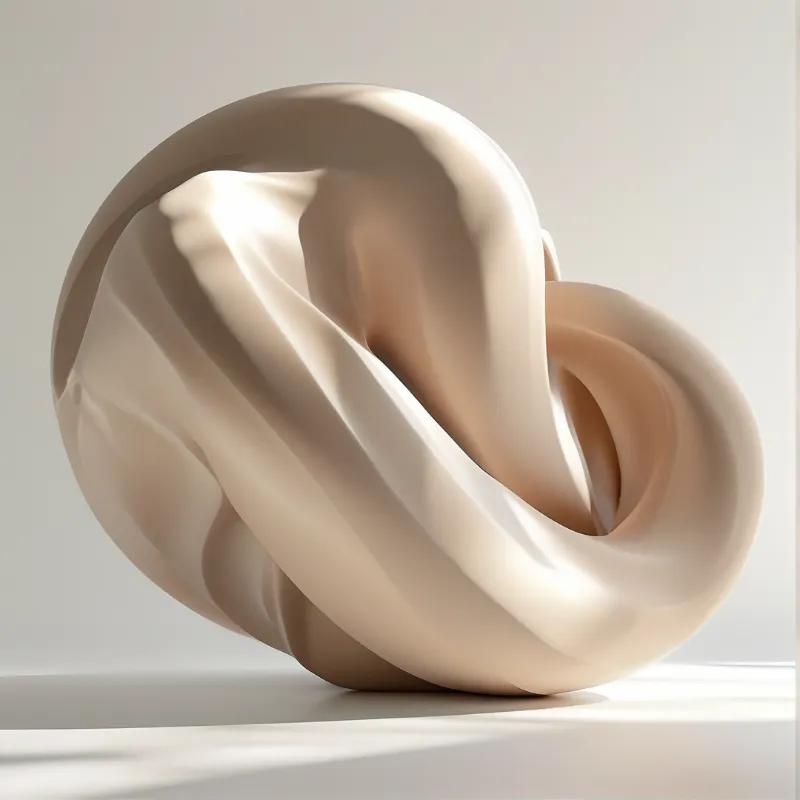 A smooth beige abstract object rests on a white surface with soft lighting highlighting its twisting organic curves and minimal form.
