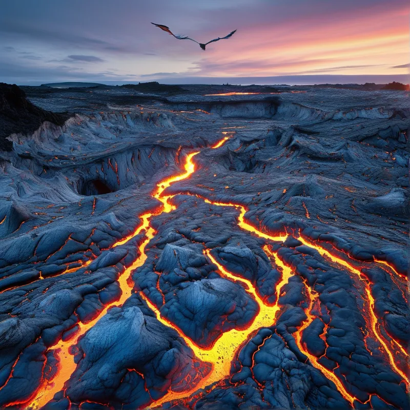 Bright orange lava flows through dark volcanic rock under a colorful twilight sky with a bird flying high.