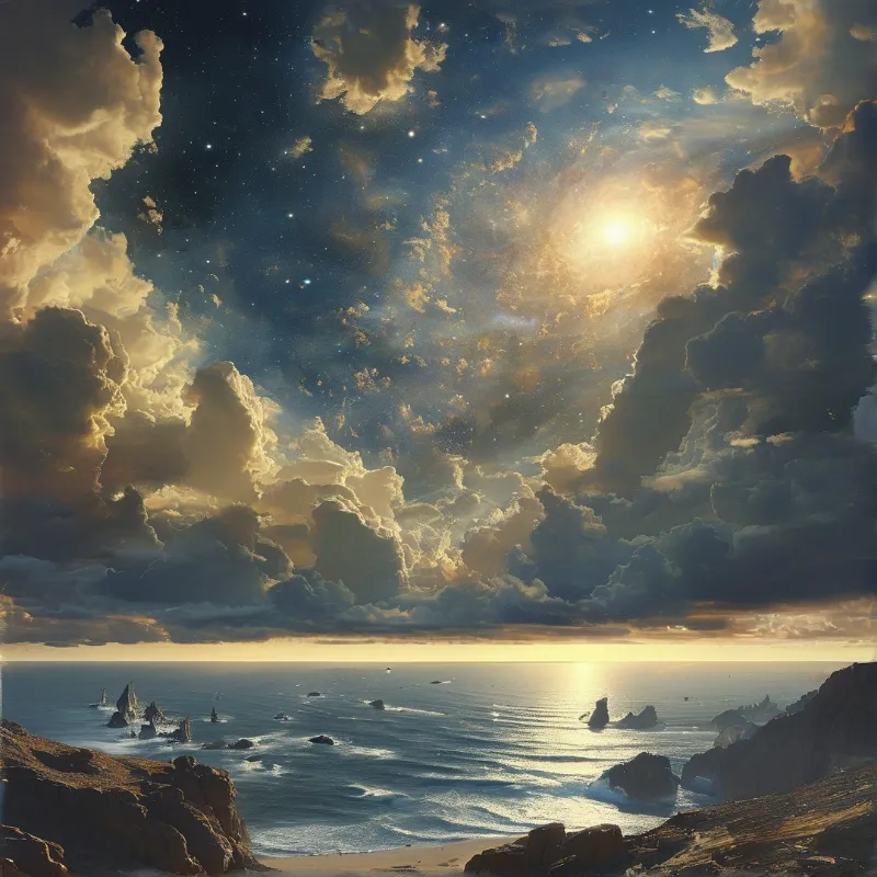 Ocean cliffs frame a bay where golden sunlight breaks through galaxy-like clouds against a deep blue sky