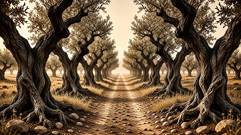A sunlit dirt path flanked by gnarled olive trees recedes into a hazy golden distance