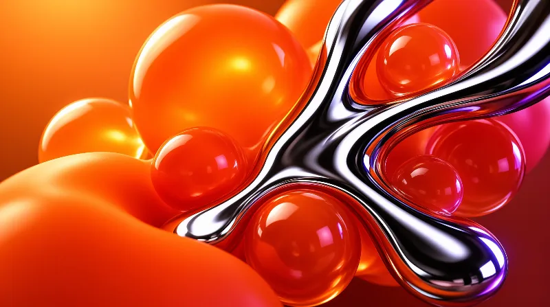 Liquid metal curves glide between glossy orange and red spheres on a warm gradient