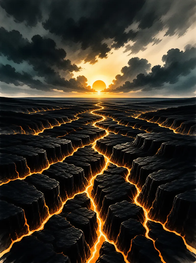 A vast plain of dark cracked earth displays deep glowing fissures stretching toward a bright sun on the horizon.