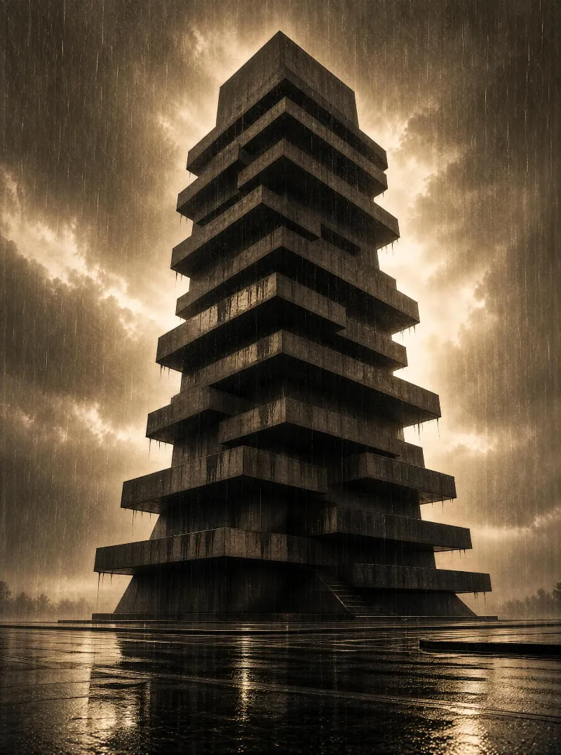 A concrete tower stands tall amidst heavy rain, its layered structure highlighted by the overcast, sepia-toned sky.