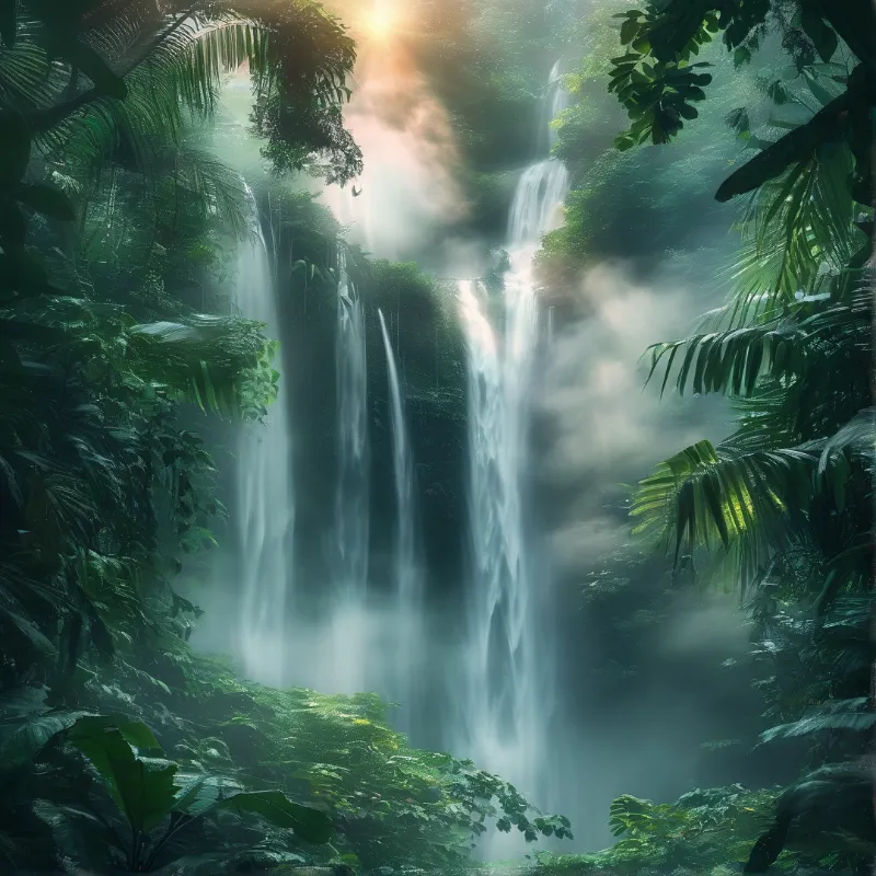 Sunlit Jungle Waterfall