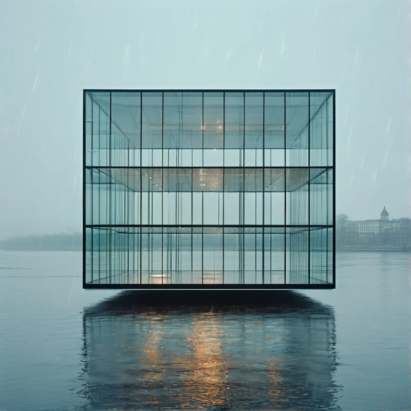 A transparent cube hovers above misty water while rain falls, casting a warm golden reflection on the rippling surface.