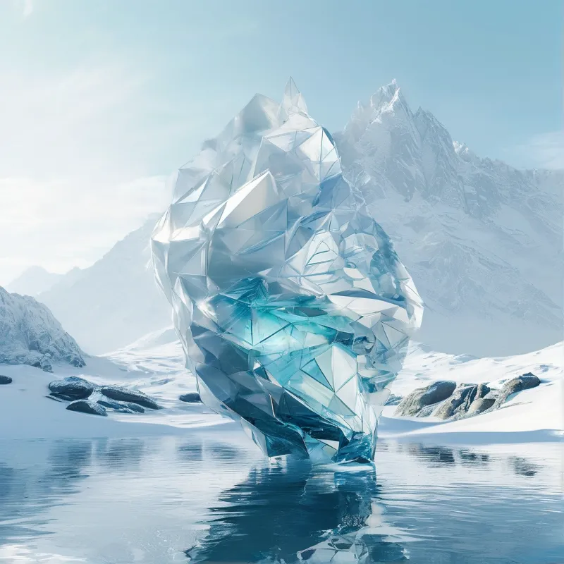 A massive translucent blue iceberg sits in a frozen lake with snowy peaks behind.