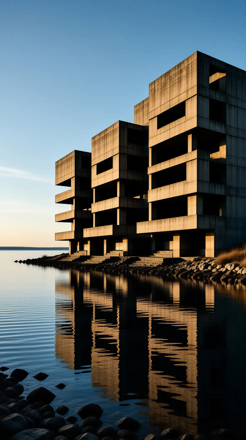 A large brutalist concrete building stands next to a calm lake reflecting its geometric shapes in warm sunset light.