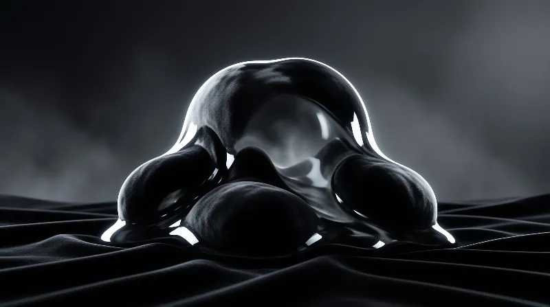 A reflective liquid like metallic object rests on a rippled shadowy surface with sharp specular highlights.